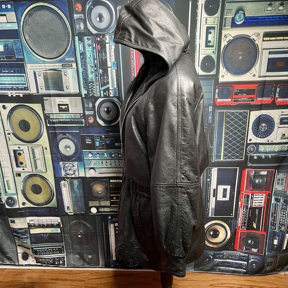 BLUELINE & COMPANY Vintage Black Leather Short Trench Jacket Hooded Women Small - Picture 3 of 16